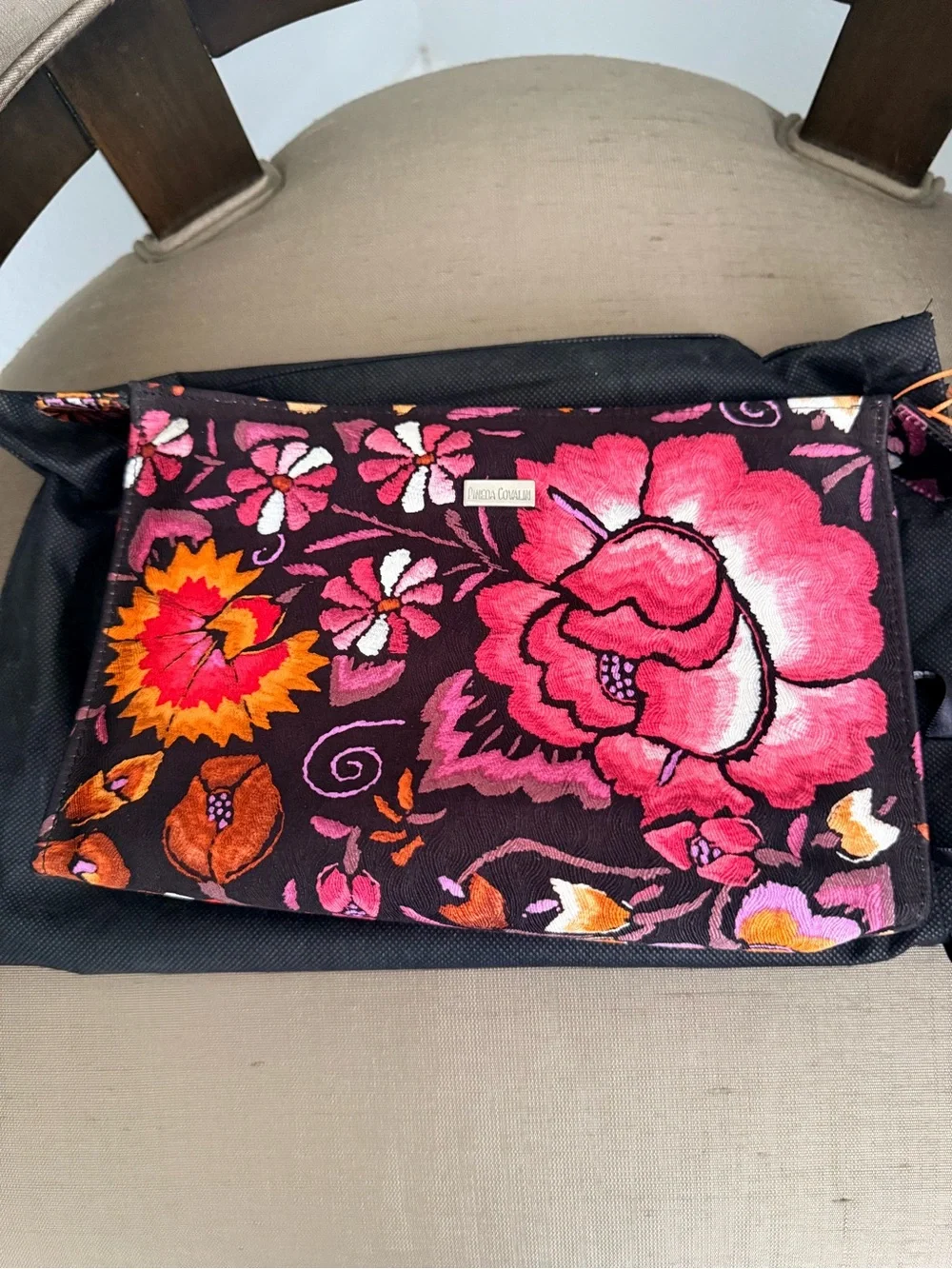 Pineda Covalin Embroidered Floral Cosmetic Bag. Bold Pink & Orange Blooms